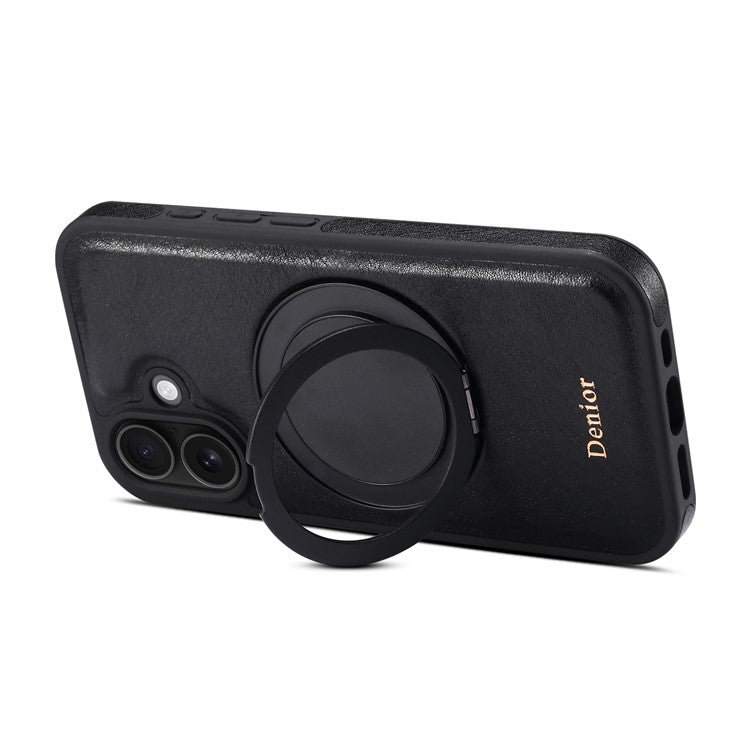 DENIOR For iPhone 16 Case Rotating Magnetic Kickstand Genuine Cow Leather Phone Back Cover - Black