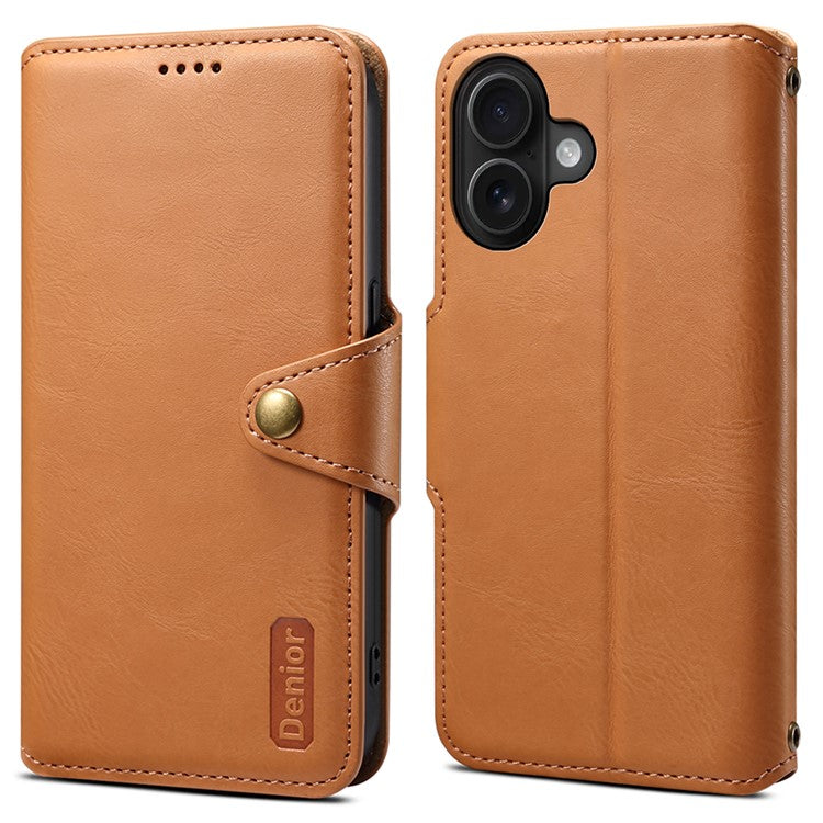DENIOR For iPhone 16 Case Wallet Cowhide Texture Leather Phone Cover - Khaki