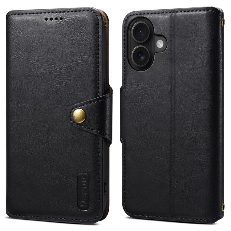 DENIOR For iPhone 16 Case Wallet Cowhide Texture Leather Phone Cover - Black