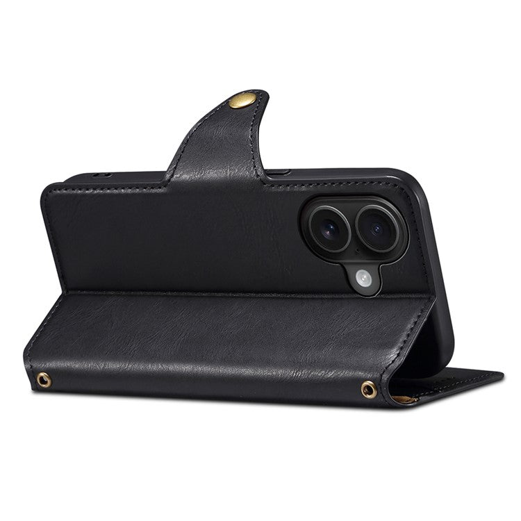 DENIOR For iPhone 16 Case Wallet Cowhide Texture Leather Phone Cover - Black