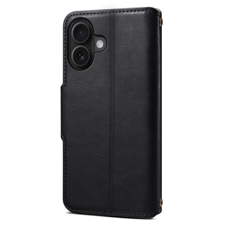 DENIOR For iPhone 16 Case Wallet Cowhide Texture Leather Phone Cover - Black