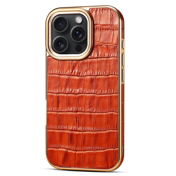 For iPhone 16 Pro Case Genuine Cow Leather Crocodile Texture Electroplating Phone Cover - Brown