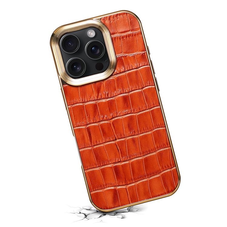 For iPhone 16 Pro Case Genuine Cow Leather Crocodile Texture Electroplating Phone Cover - Brown