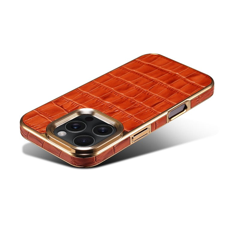 For iPhone 16 Pro Case Genuine Cow Leather Crocodile Texture Electroplating Phone Cover - Brown