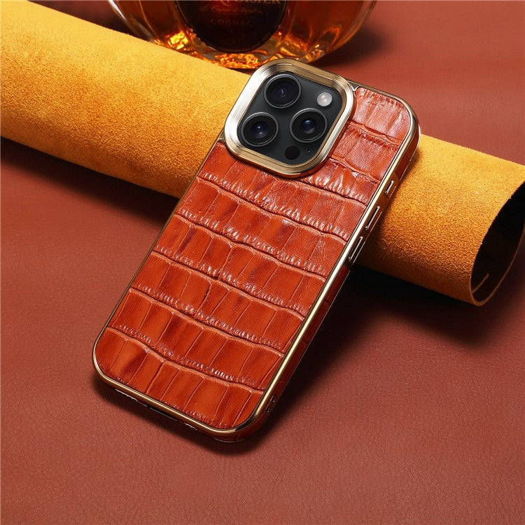 For iPhone 16 Pro Case Genuine Cow Leather Crocodile Texture Electroplating Phone Cover - Brown