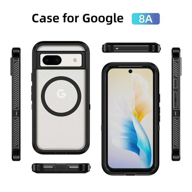 For Google Pixel 8a Case Matte TPU+PC Back Drop-proof Phone Cover Compatible with MagSafe - Black + Transparent