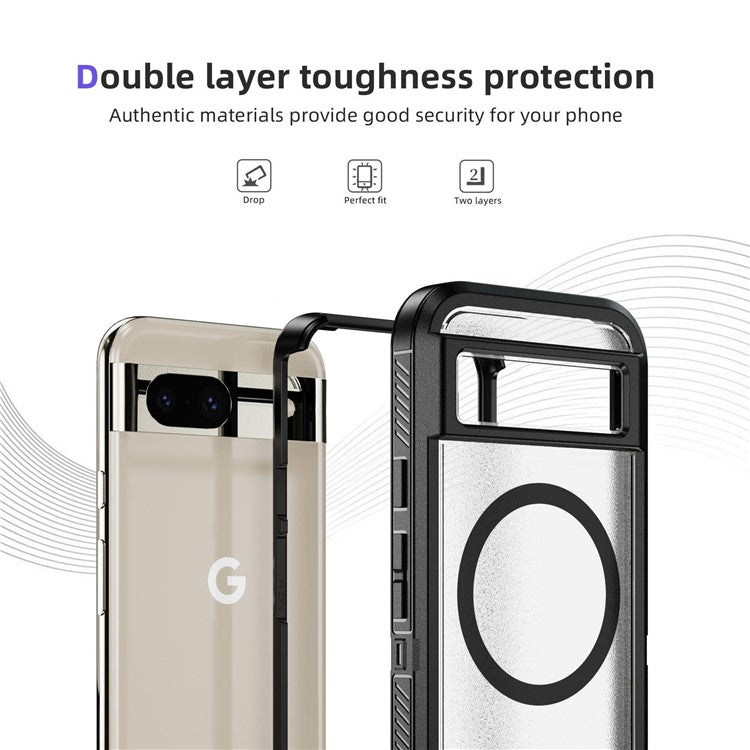 For Google Pixel 8a Case Matte TPU+PC Back Drop-proof Phone Cover Compatible with MagSafe - Black + Transparent