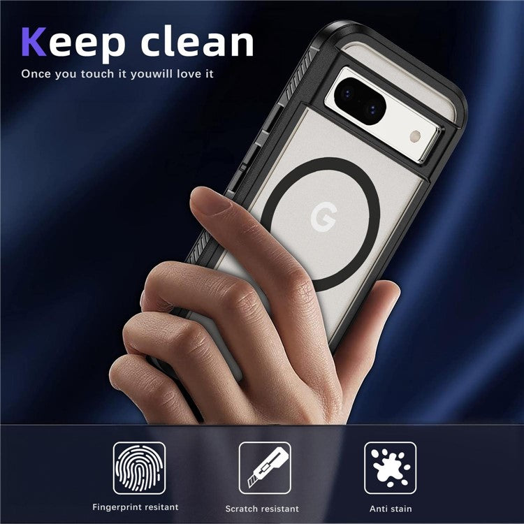 For Google Pixel 8a Case Matte TPU+PC Back Drop-proof Phone Cover Compatible with MagSafe - Black + Transparent