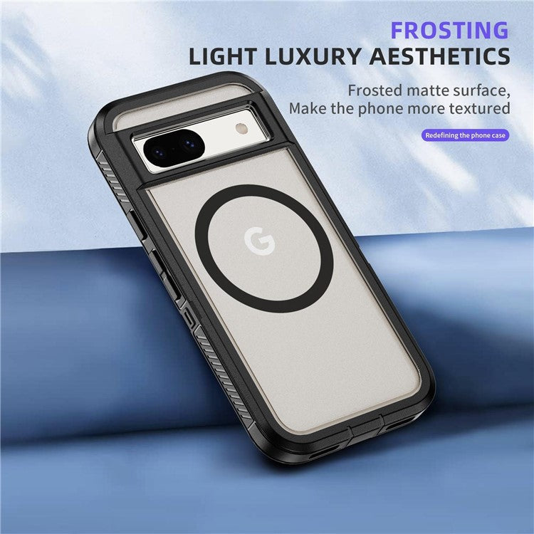 For Google Pixel 8a Case Matte TPU+PC Back Drop-proof Phone Cover Compatible with MagSafe - Black + Transparent