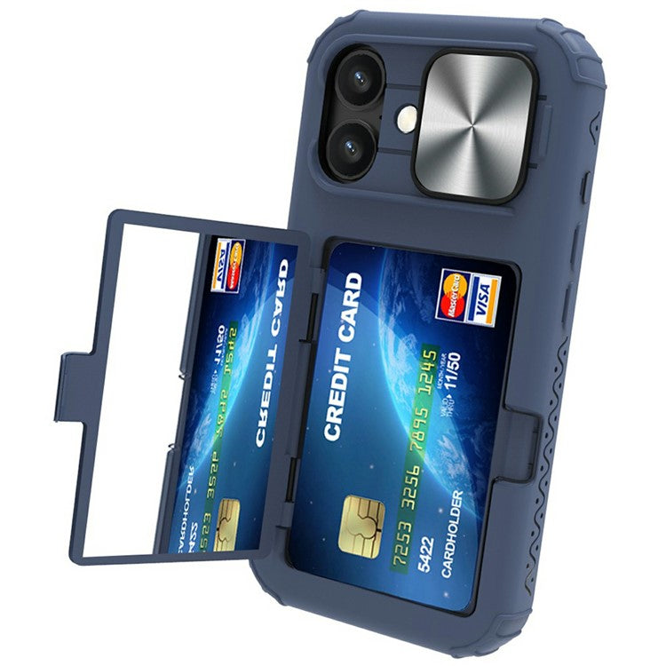 For iPhone 16 Case Card Holder Mirror PC+TPU Phone Shell with Lens Cover - Navy Blue