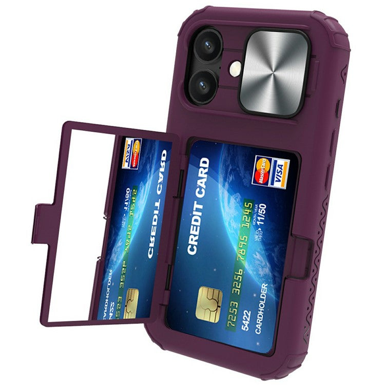 For iPhone 16 Case Card Holder Mirror PC+TPU Phone Shell with Lens Cover - Dark Purple