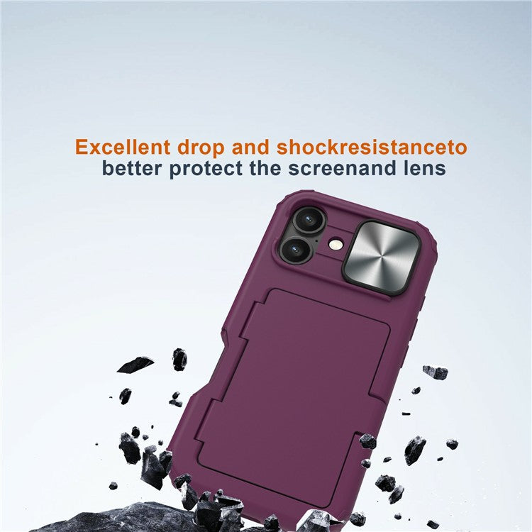 For iPhone 16 Case Card Holder Mirror PC+TPU Phone Shell with Lens Cover - Dark Purple