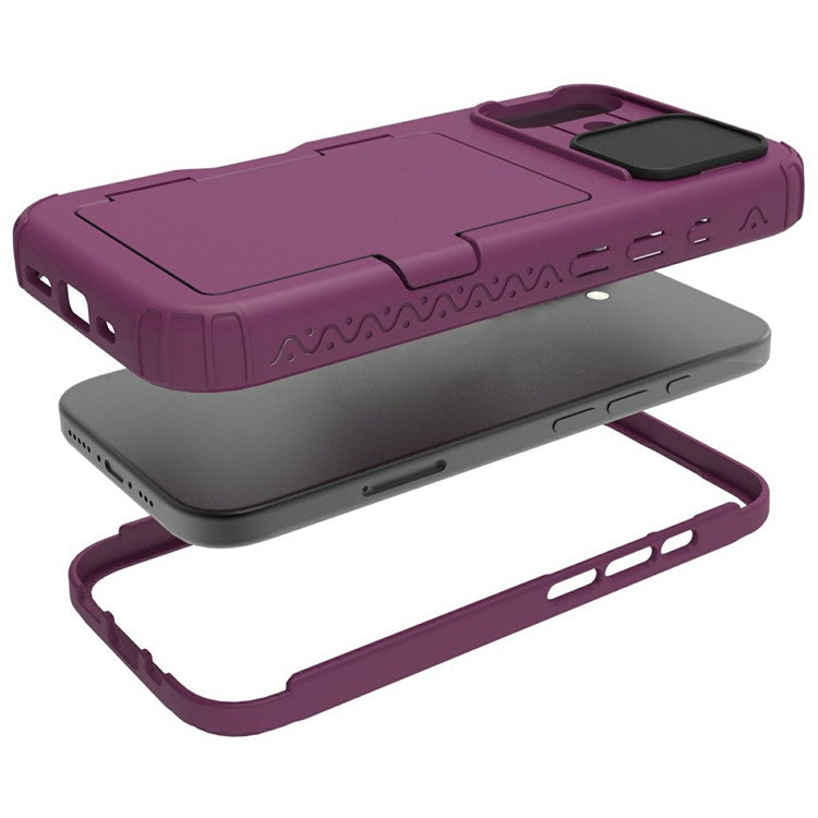 For iPhone 16 Case Card Holder Mirror PC+TPU Phone Shell with Lens Cover - Dark Purple