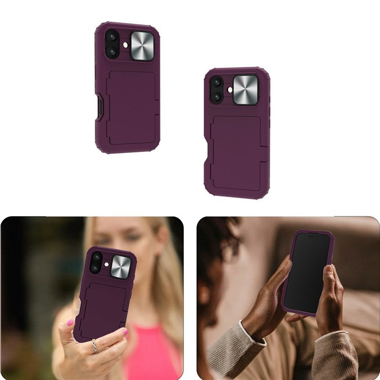For iPhone 16 Case Card Holder Mirror PC+TPU Phone Shell with Lens Cover - Dark Purple