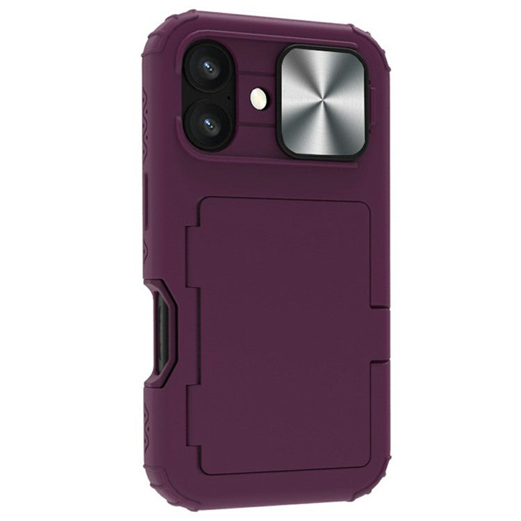 For iPhone 16 Case Card Holder Mirror PC+TPU Phone Shell with Lens Cover - Dark Purple