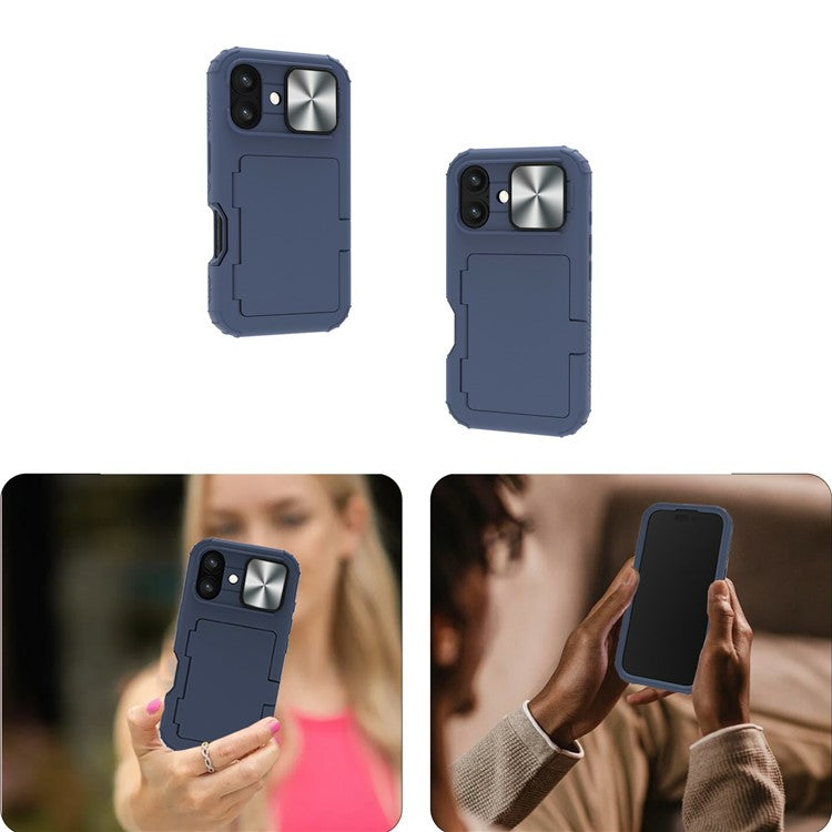 For iPhone 16 Plus Case Card Holder Mirror PC+TPU Phone Shell with Lens Cover - Navy Blue
