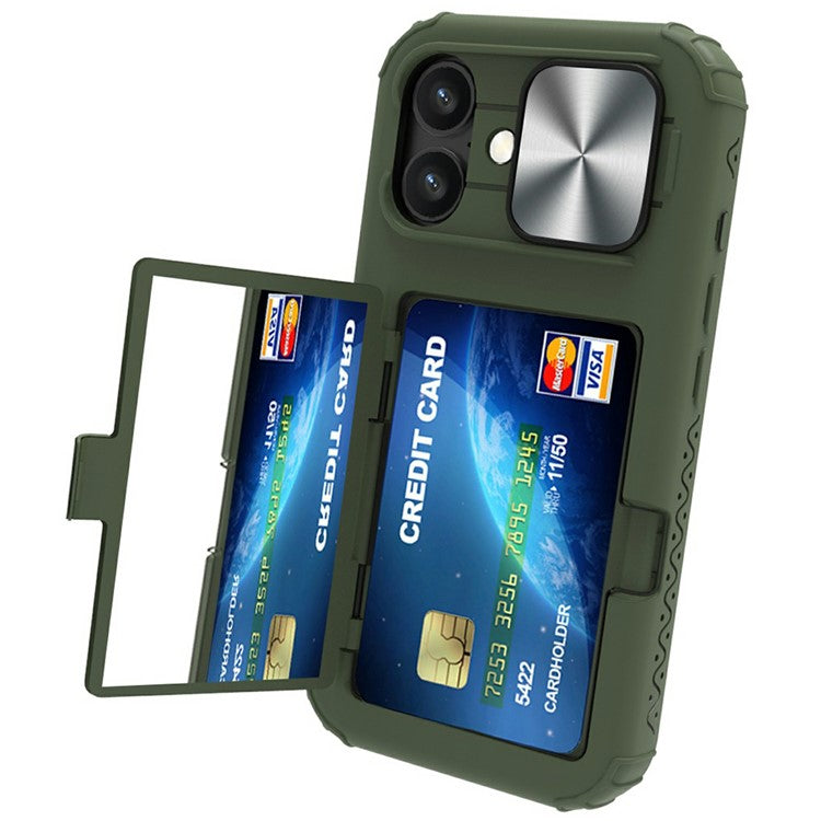 For iPhone 16 Plus Case Card Holder Mirror PC+TPU Phone Shell with Lens Cover - Army Green
