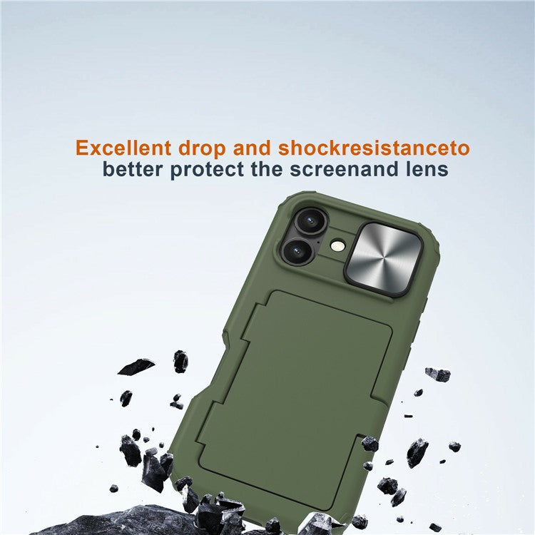 For iPhone 16 Plus Case Card Holder Mirror PC+TPU Phone Shell with Lens Cover - Army Green
