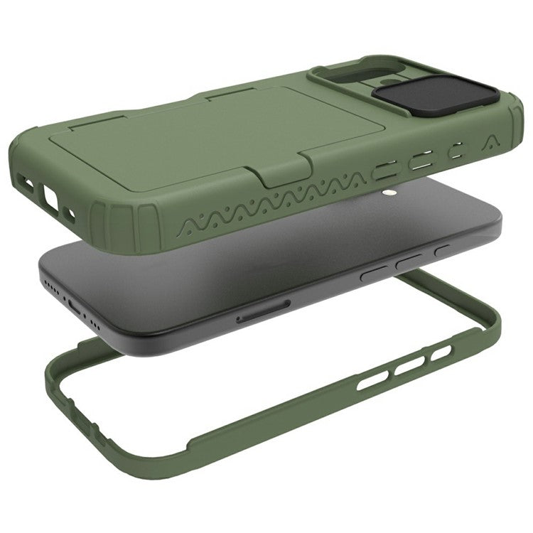 For iPhone 16 Plus Case Card Holder Mirror PC+TPU Phone Shell with Lens Cover - Army Green