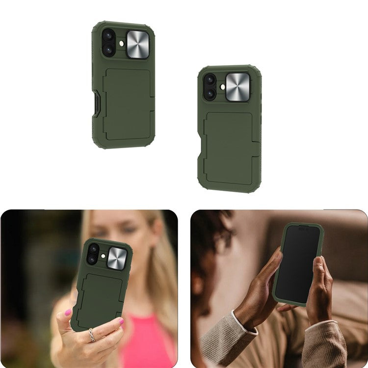 For iPhone 16 Plus Case Card Holder Mirror PC+TPU Phone Shell with Lens Cover - Army Green