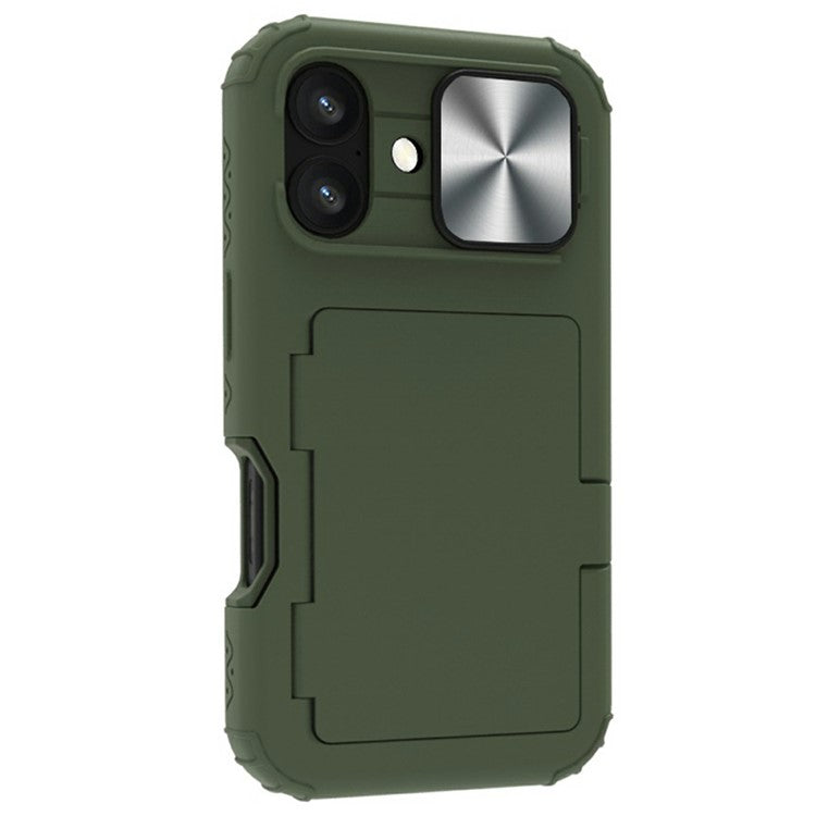 For iPhone 16 Plus Case Card Holder Mirror PC+TPU Phone Shell with Lens Cover - Army Green