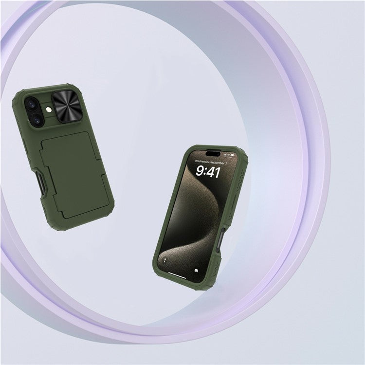 For iPhone 16 Plus Case Card Holder Mirror PC+TPU Phone Shell with Lens Cover - Army Green