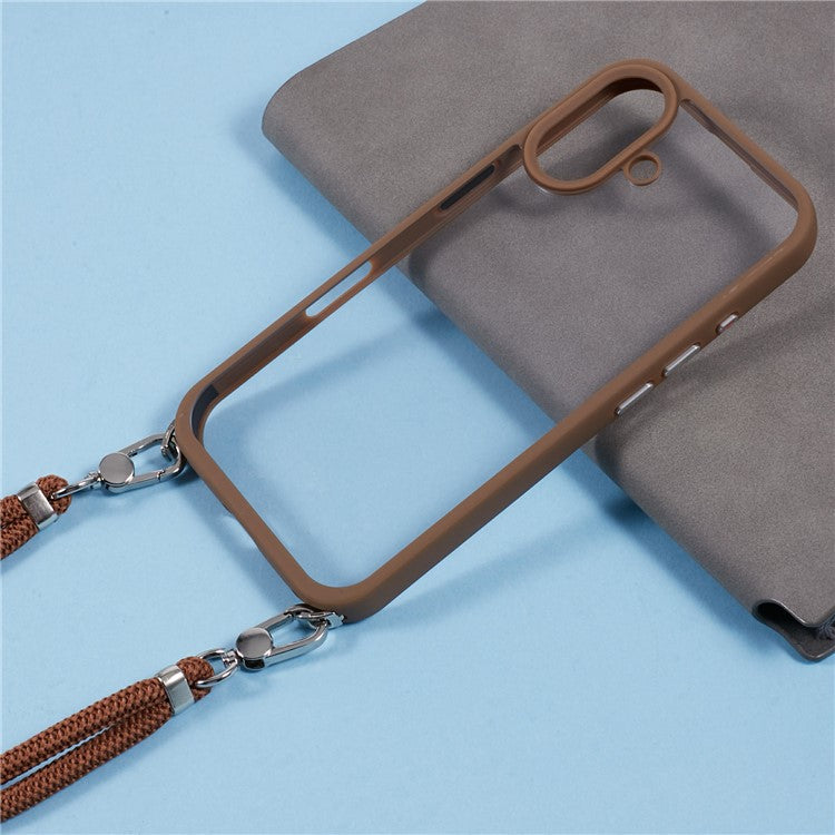 For iPhone 16 Plus Case TPU+PC Crystal Clear Back Cover with Lanyard - Brown