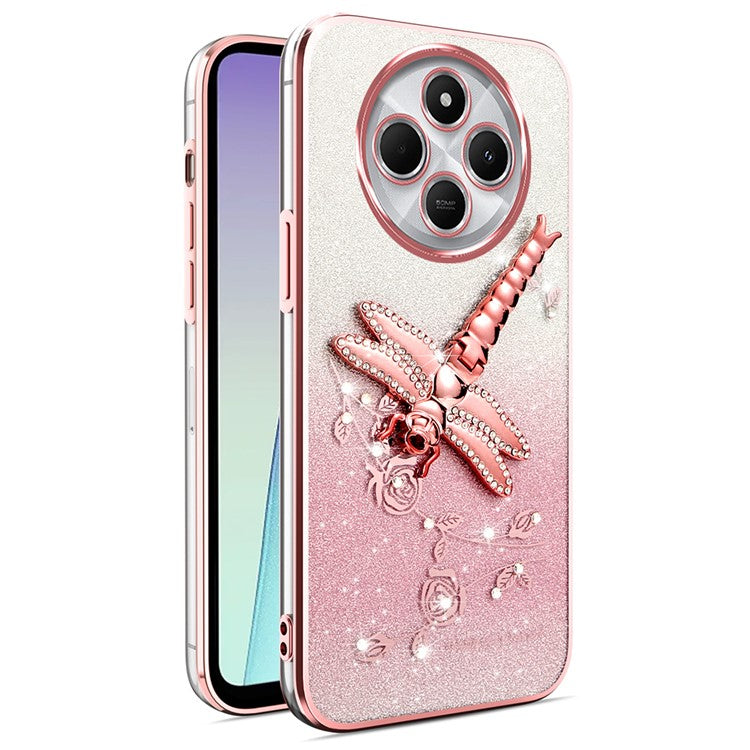 KADEM For Xiaomi Poco C75 4G / Redmi 14R 5G / 14C 4G Case Dragonfly Kickstand TPU Flowers Glitter Phone Cover - Pink