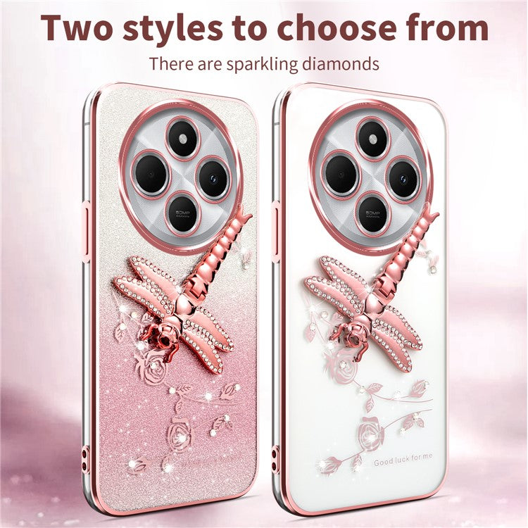 KADEM For Xiaomi Poco C75 4G / Redmi 14R 5G / 14C 4G Case Dragonfly Kickstand TPU Flowers Glitter Phone Cover - Pink