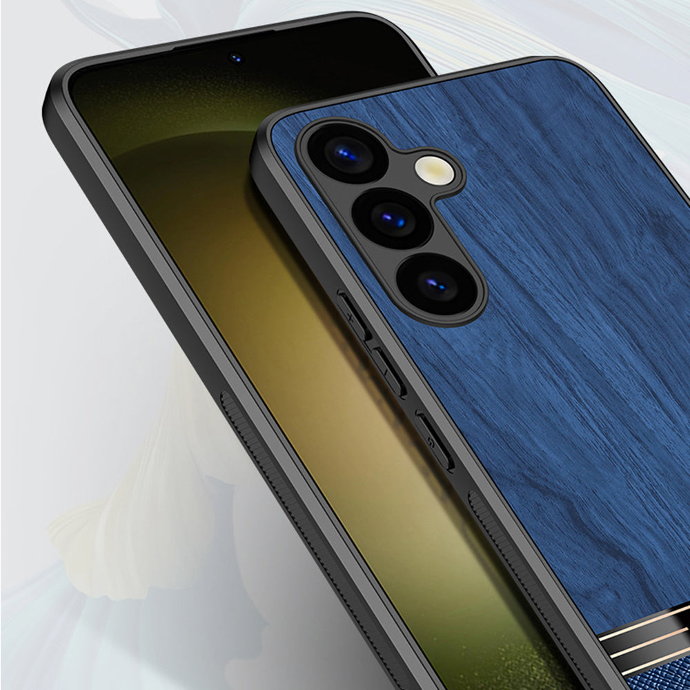 For Samsung Galaxy A16 5G / A16 4G Case Wood Texture Leather Coated TPU Phone Protective Cover - Black