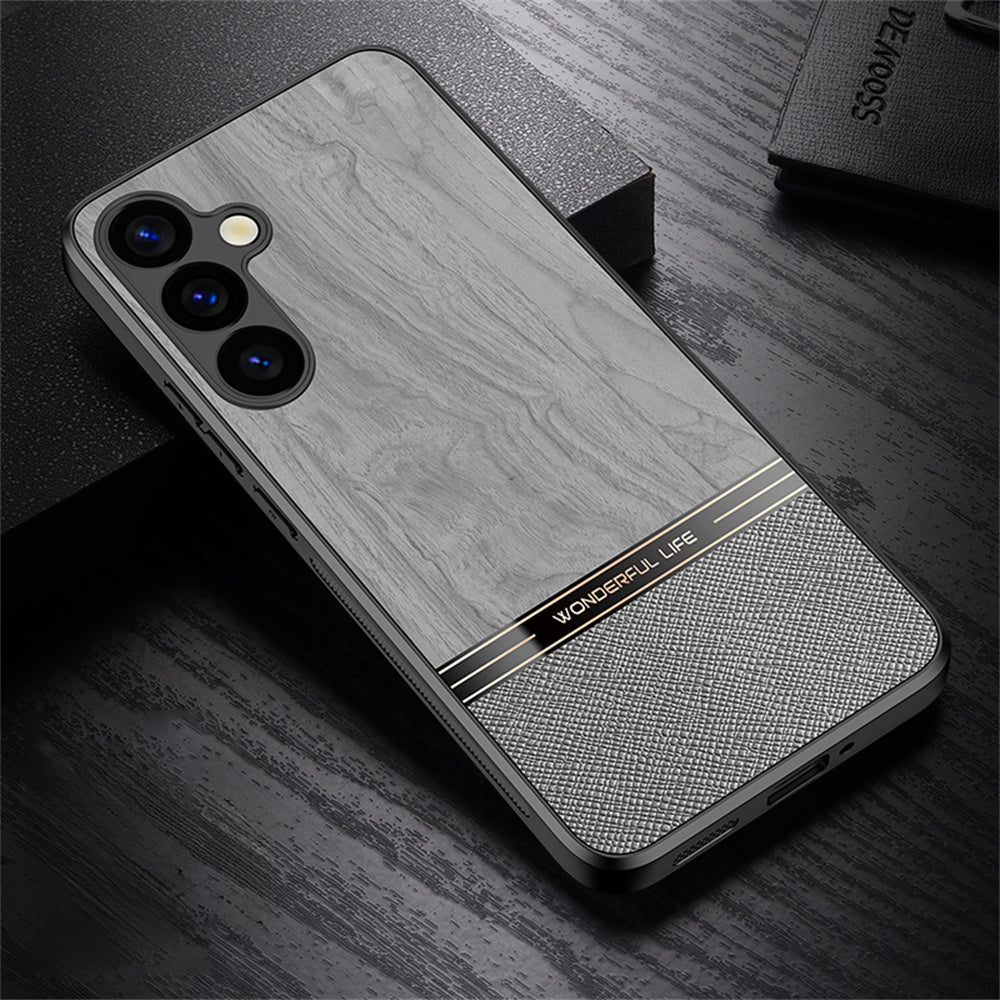 For Samsung Galaxy A16 5G / A16 4G Case Wood Texture Leather Coated TPU Phone Protective Cover - Grey