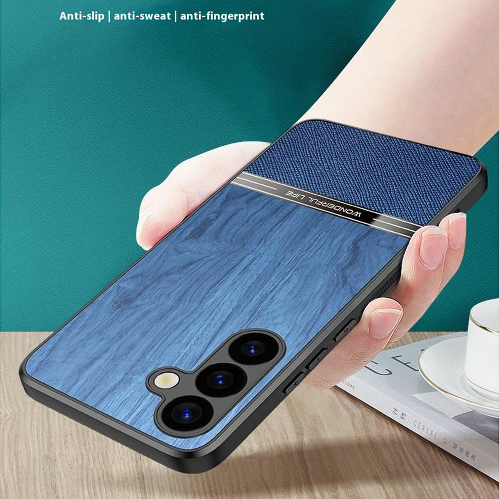 For Samsung Galaxy A16 5G / A16 4G Case Wood Texture Leather Coated TPU Phone Protective Cover - Grey
