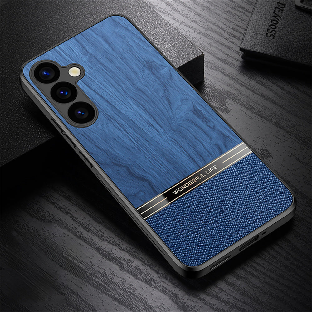 For Samsung Galaxy A16 5G / A16 4G Case Wood Texture Leather Coated TPU Phone Protective Cover - Blue