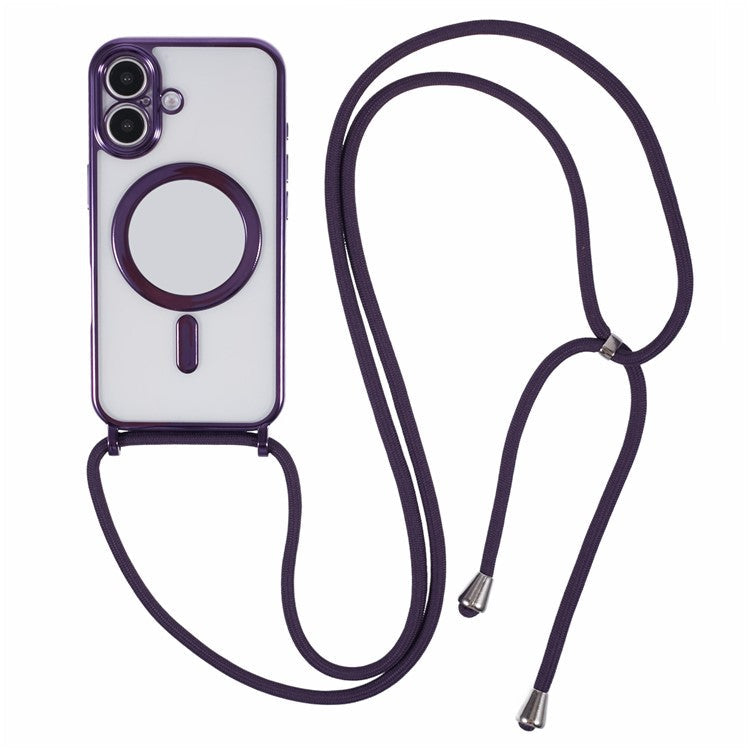For iPhone 16 Case Compatible with MagSafe Electroplating TPU Cellphone Protector with Long Lanyard - Purple