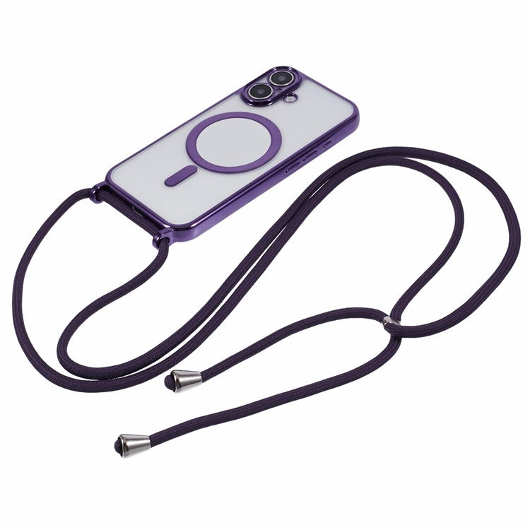 For iPhone 16 Case Compatible with MagSafe Electroplating TPU Cellphone Protector with Long Lanyard - Purple