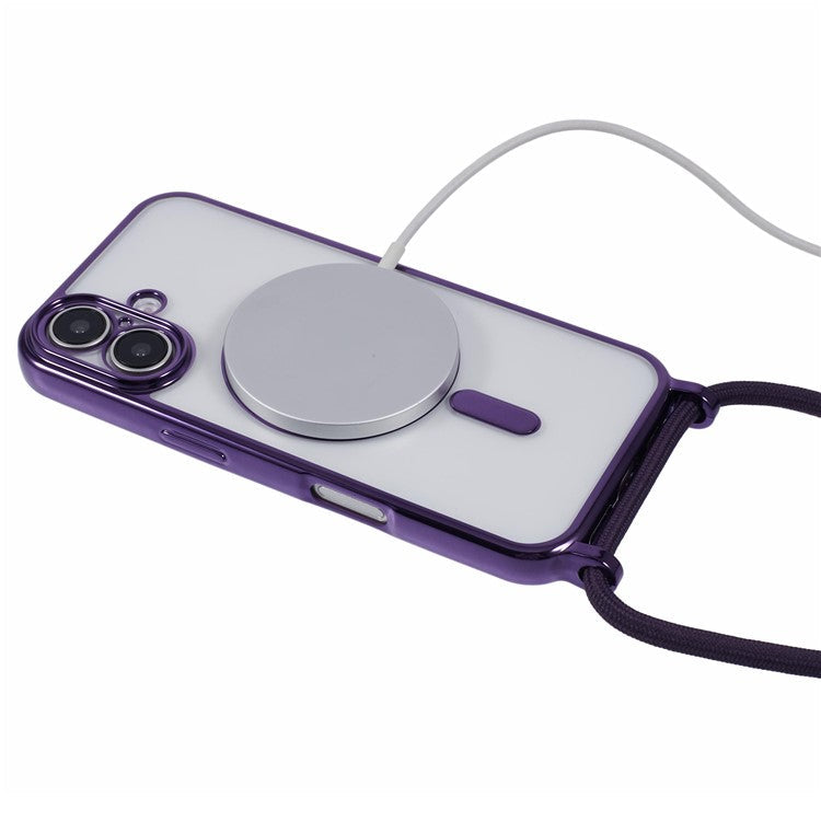 For iPhone 16 Case Compatible with MagSafe Electroplating TPU Cellphone Protector with Long Lanyard - Purple