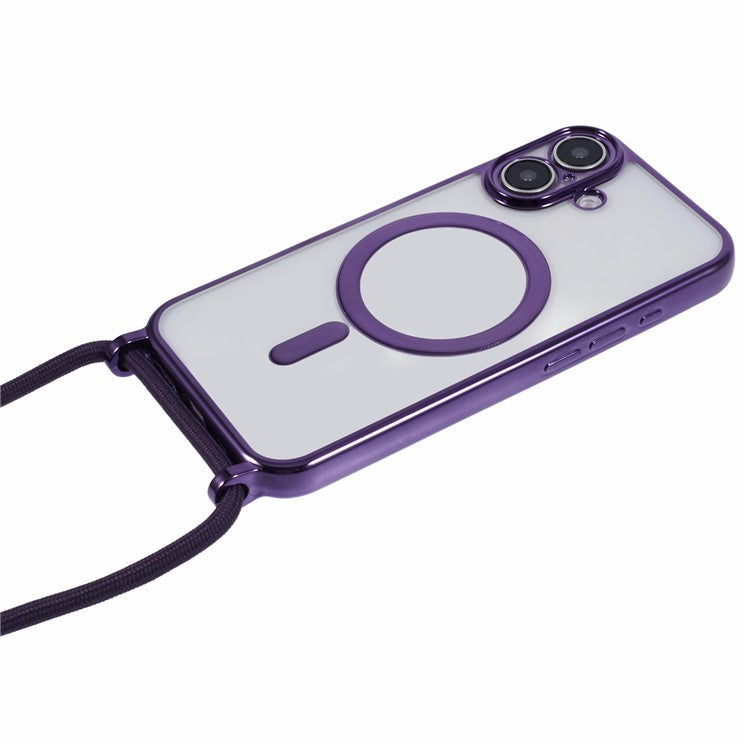 For iPhone 16 Case Compatible with MagSafe Electroplating TPU Cellphone Protector with Long Lanyard - Purple