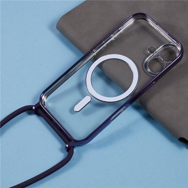 For iPhone 16 Case Compatible with MagSafe Electroplating TPU Cellphone Protector with Long Lanyard - Purple