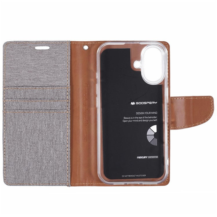 MERCURY GOOSPERY For iPhone 16 Case Canvas Texture Leather Wallet Phone Cover - Grey