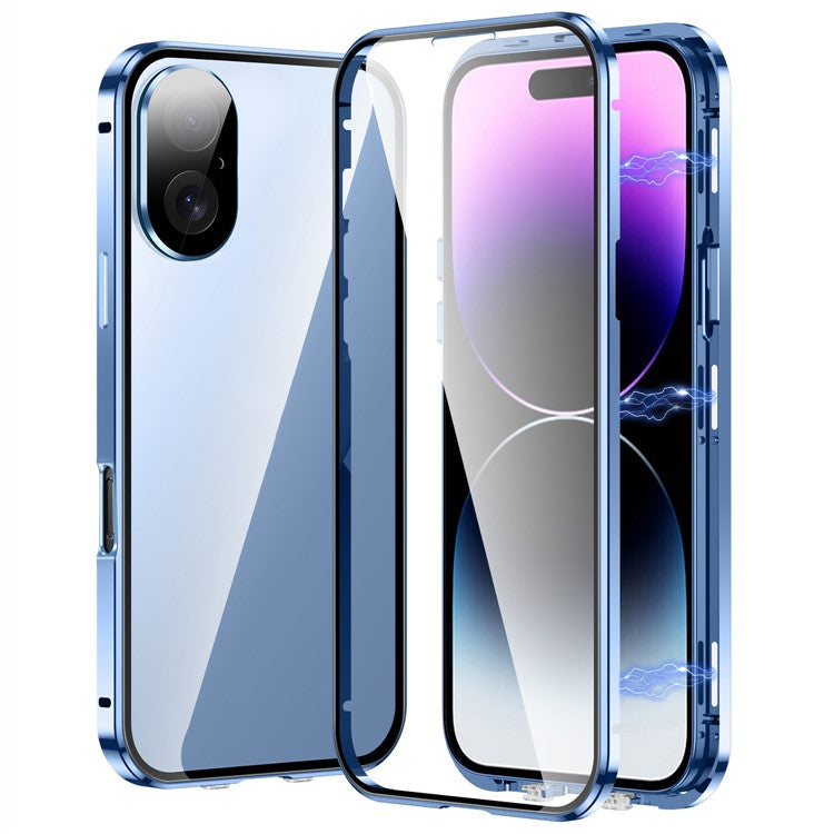 For iPhone 16 Plus Case Magnetic Adsorption Double Sides Tempered Glass+Metal Phone Cover with Buckle - Blue