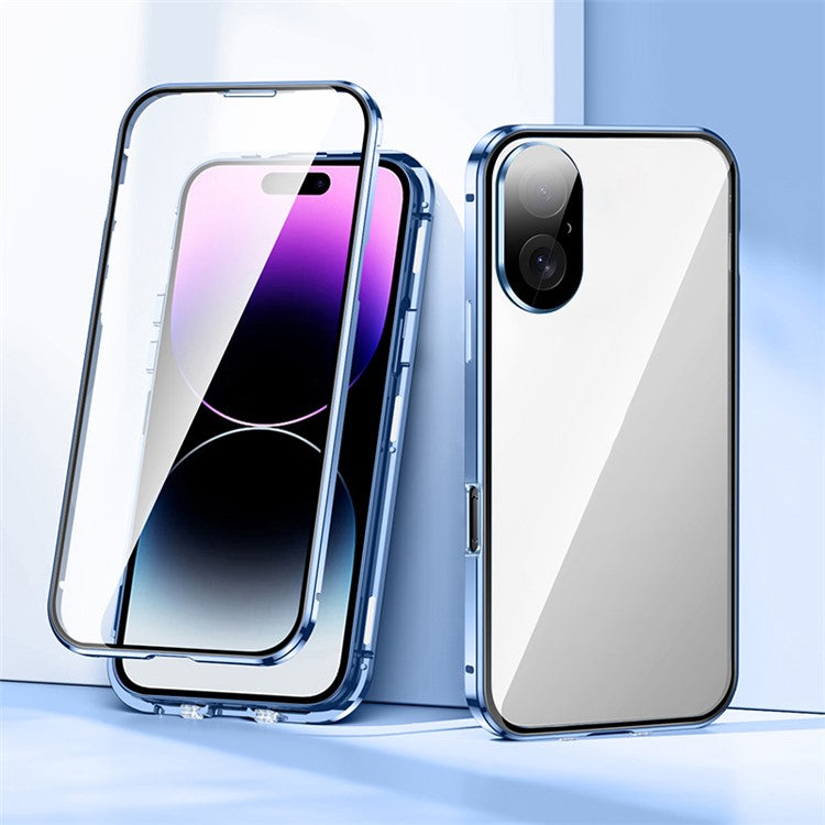 For iPhone 16 Plus Case Magnetic Adsorption Double Sides Tempered Glass+Metal Phone Cover with Buckle - Blue