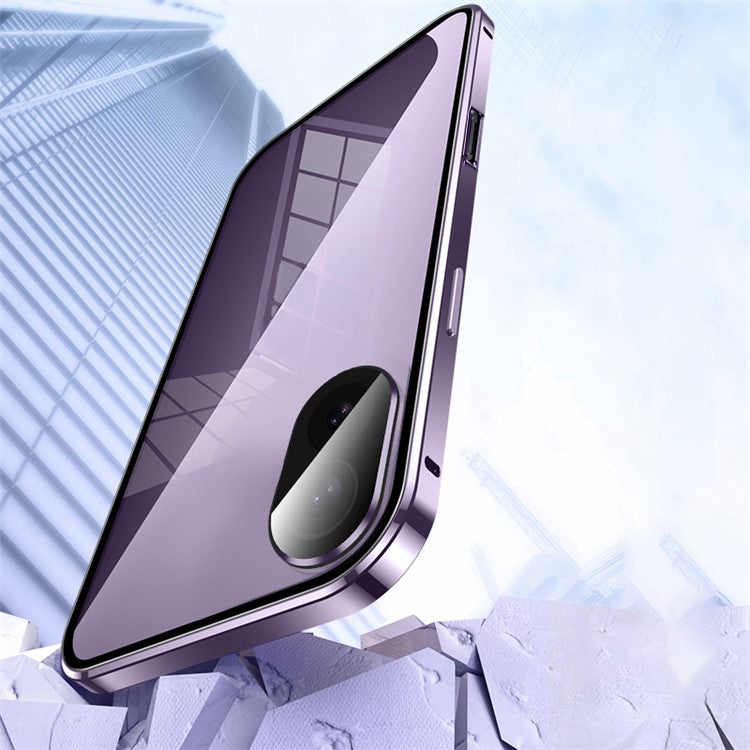 For iPhone 16 Plus Case Magnetic Adsorption Double Sides Tempered Glass+Metal Phone Cover with Buckle - Blue