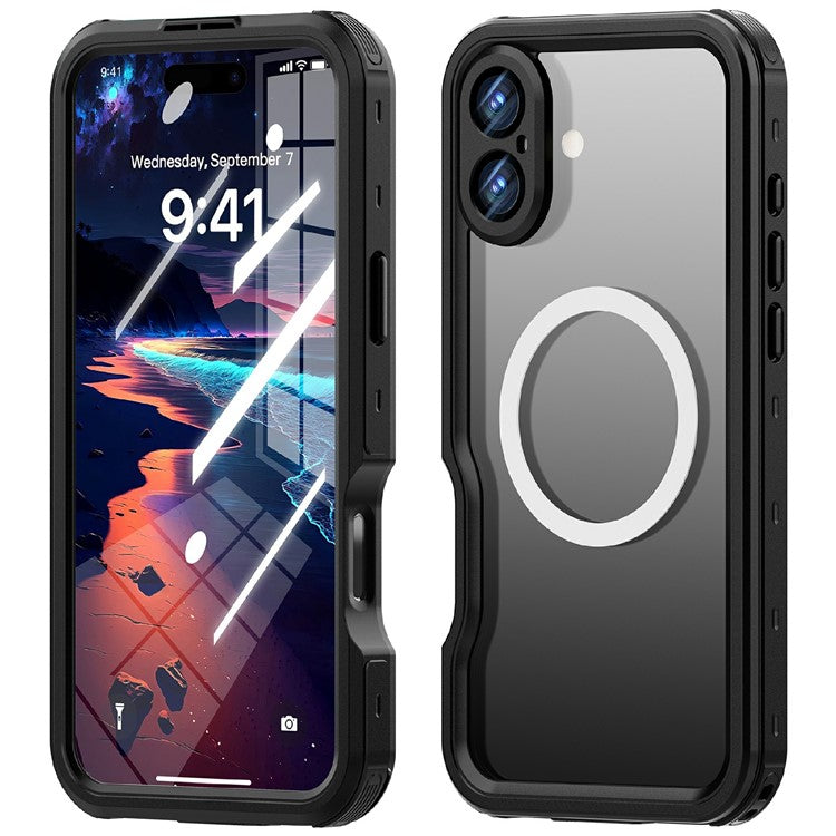 REDPEPPER D-UP Series For iPhone 16 Plus Case IP68 Waterproof Clear Back Panel Phone Cover Compatible with MagSafe - Black