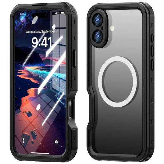 REDPEPPER D-UP Series For iPhone 16 Plus Case IP68 Waterproof Clear Back Panel Phone Cover Compatible with MagSafe - Black