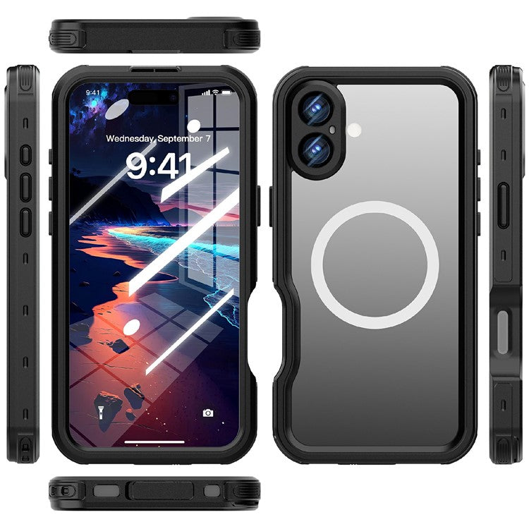 REDPEPPER D-UP Series For iPhone 16 Plus Case IP68 Waterproof Clear Back Panel Phone Cover Compatible with MagSafe - Black