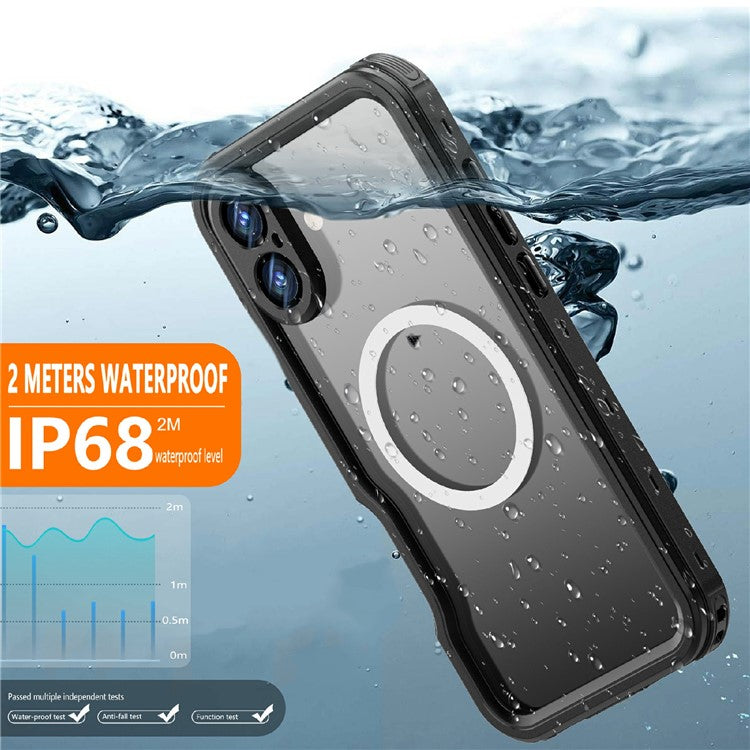 REDPEPPER D-UP Series For iPhone 16 Plus Case IP68 Waterproof Clear Back Panel Phone Cover Compatible with MagSafe - Black
