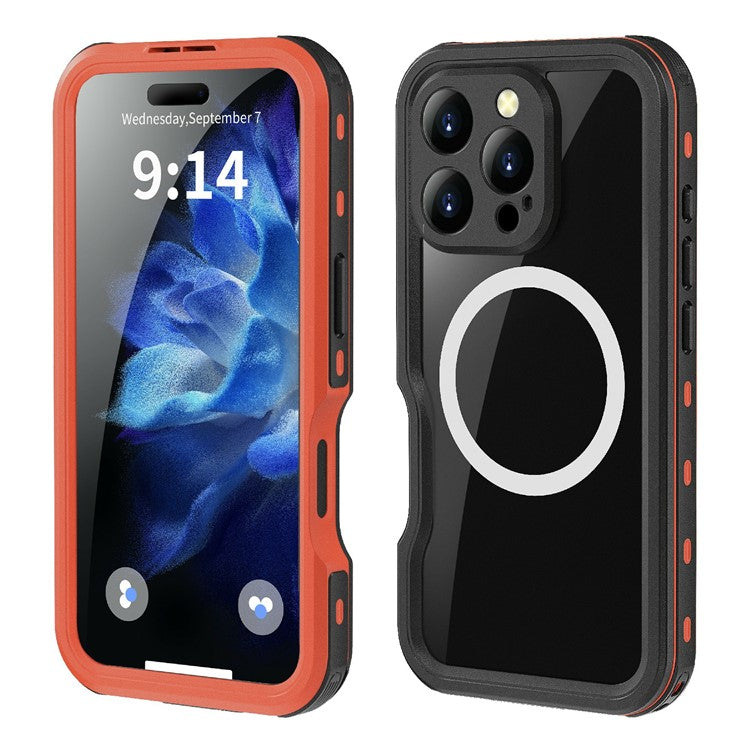 REDPEPPER D-UP Series For iPhone 16 Pro Case IP68 Waterproof Clear Back Panel Phone Cover Compatible with MagSafe - Red