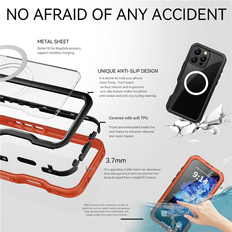 REDPEPPER D-UP Series For iPhone 16 Pro Case IP68 Waterproof Clear Back Panel Phone Cover Compatible with MagSafe - Red