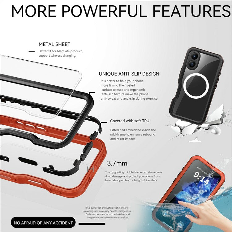 REDPEPPER D-UP Series For iPhone 16 Case IP68 Waterproof Clear Back Panel Phone Cover Compatible with MagSafe - Red