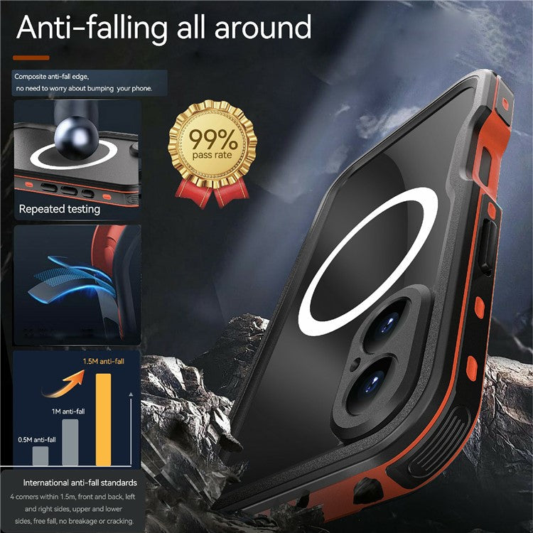 REDPEPPER D-UP Series For iPhone 16 Case IP68 Waterproof Clear Back Panel Phone Cover Compatible with MagSafe - Red